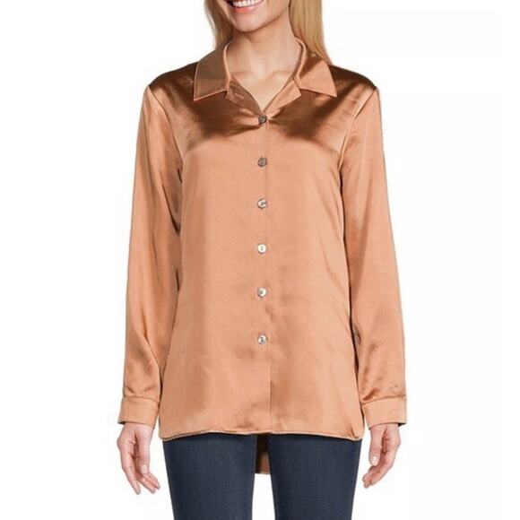 NWT John Mark Satin Woven Button Front Point Collar Long Sleeve Women's Size L - Picture 1 of 11